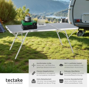 Tectake Campingtisch Jumbo, klappbar, silber, 180x70 cm, mit Aluminiumgestell und Kocher auf dem Tisch.