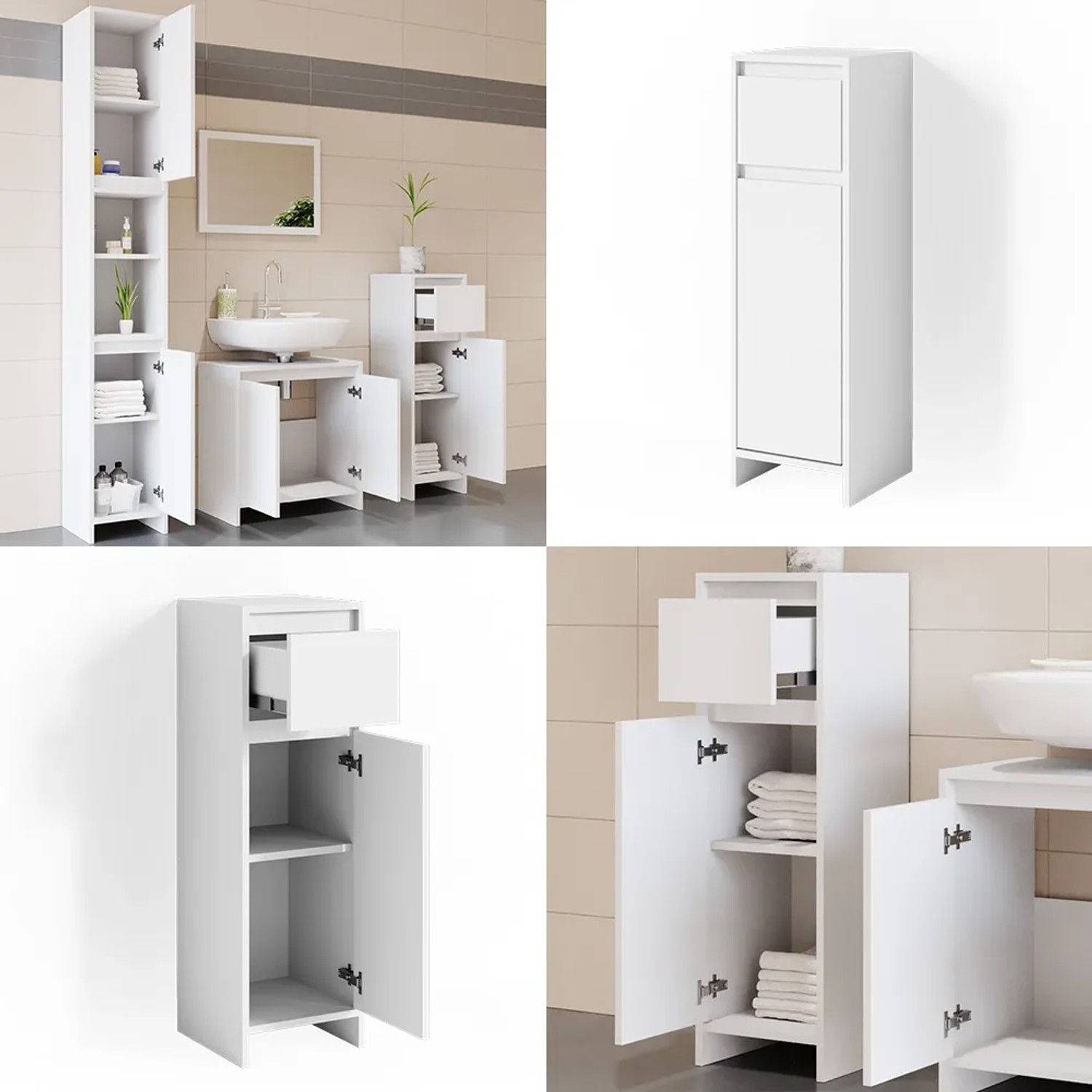 Vicco Midischrank Emma, weiß, 30x95 cm. Badregal mit Schublade und Tür für Badutensilien.