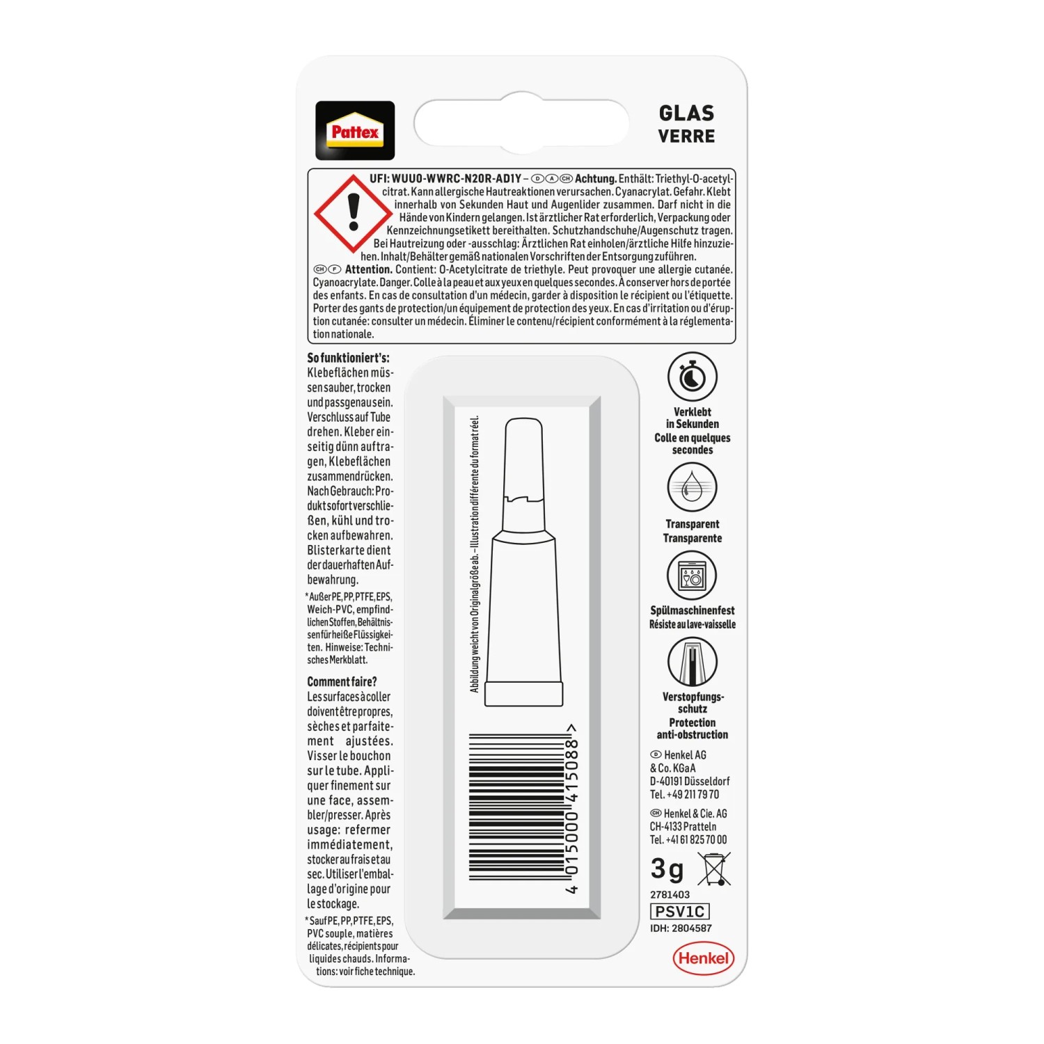Pattex Glas Sekundenkleber 3g Tube, transparent zum Kleben von Glas.