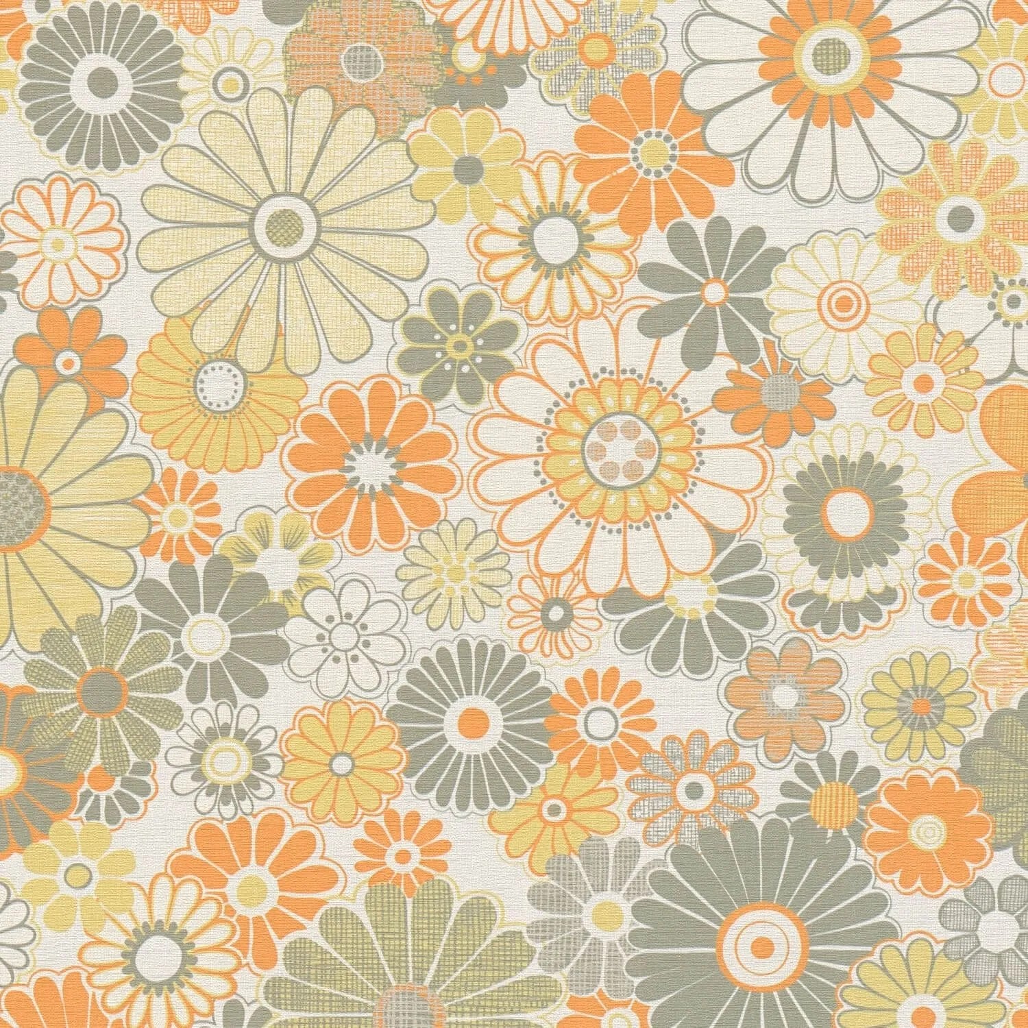 PROFHOME 395353-GU Retro Tapete Blumen Grün Orange Oliv-Grau Creme-Weiß 0,53 m x 8,50 m 4,50 m2