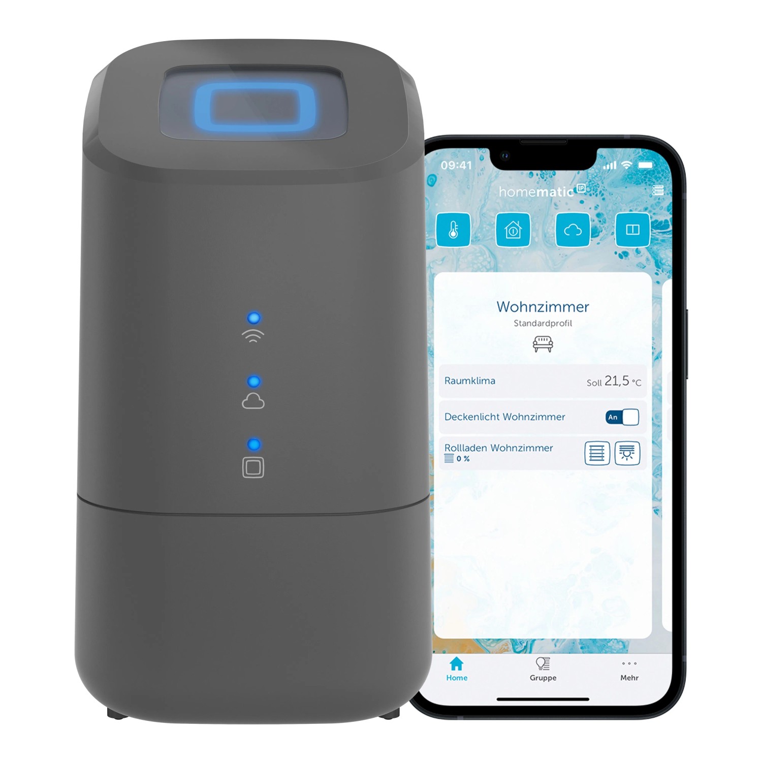 HmIP Home Control Unit in Anthrazit mit Smartphone-App zur Hausautomation.