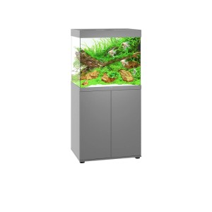 Graue Juwel LED Aquarium Kombination Lido 200 mit Unterschrank, bepflanzt und mit Fischen.