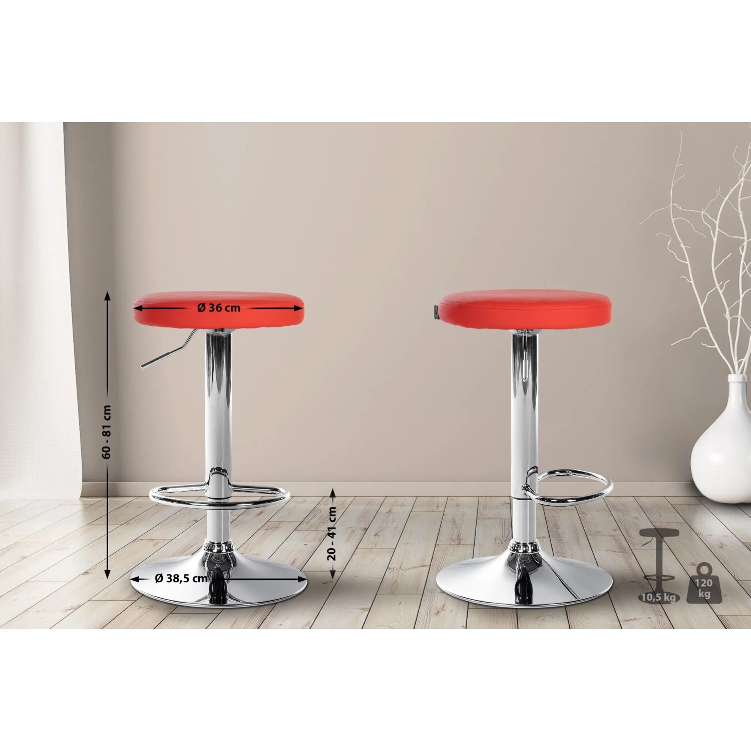 DELUKE 2er Set Barhocker KAZON Kunstleder Rot 38,5x38,5x60cm Silber Barstuhl Höhenverstellbar Drehbar Tresenhocker Tresenstuhl