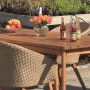 Acamp Atacama Gartenstuhl Set, 4 Sessel aus Teakholz und Kunststoffgeflecht am Gartentisch.