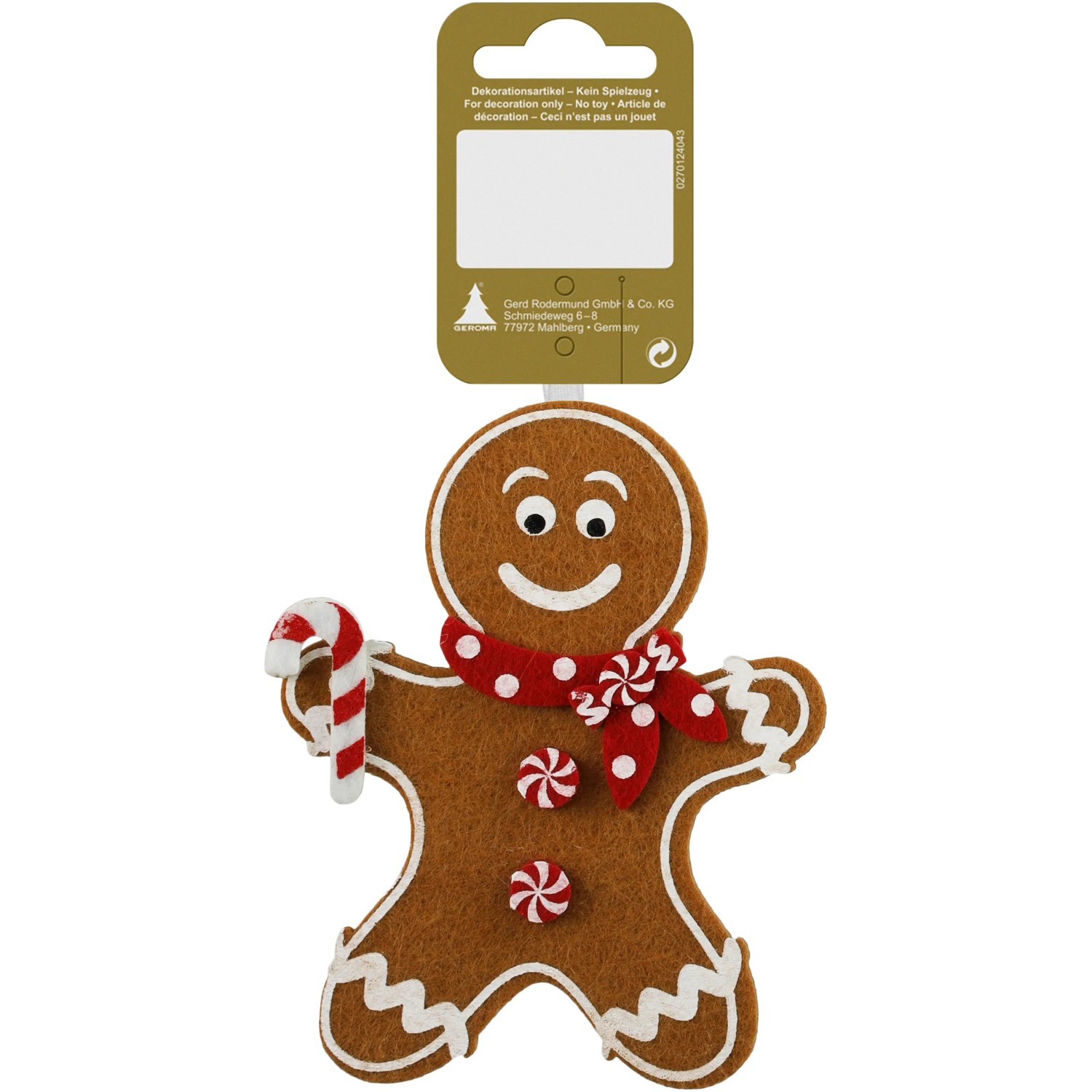 Weihnachtlicher Dekoanhänger Lebkuchenmann aus Filz Braun-Weiß 12 cm