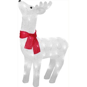 Leuchtende LED-Figur: Acryl Rentier mit roter Schleife, 60 kaltweiße LEDs für weihnachtliche Deko.