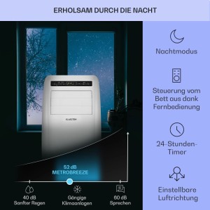 Klarstein Metrobreeze Rom Klimaanlage in Weiß vor Fenster mit Sternenhimmel. Mobile Klimaanlage mit Nachtmodus.