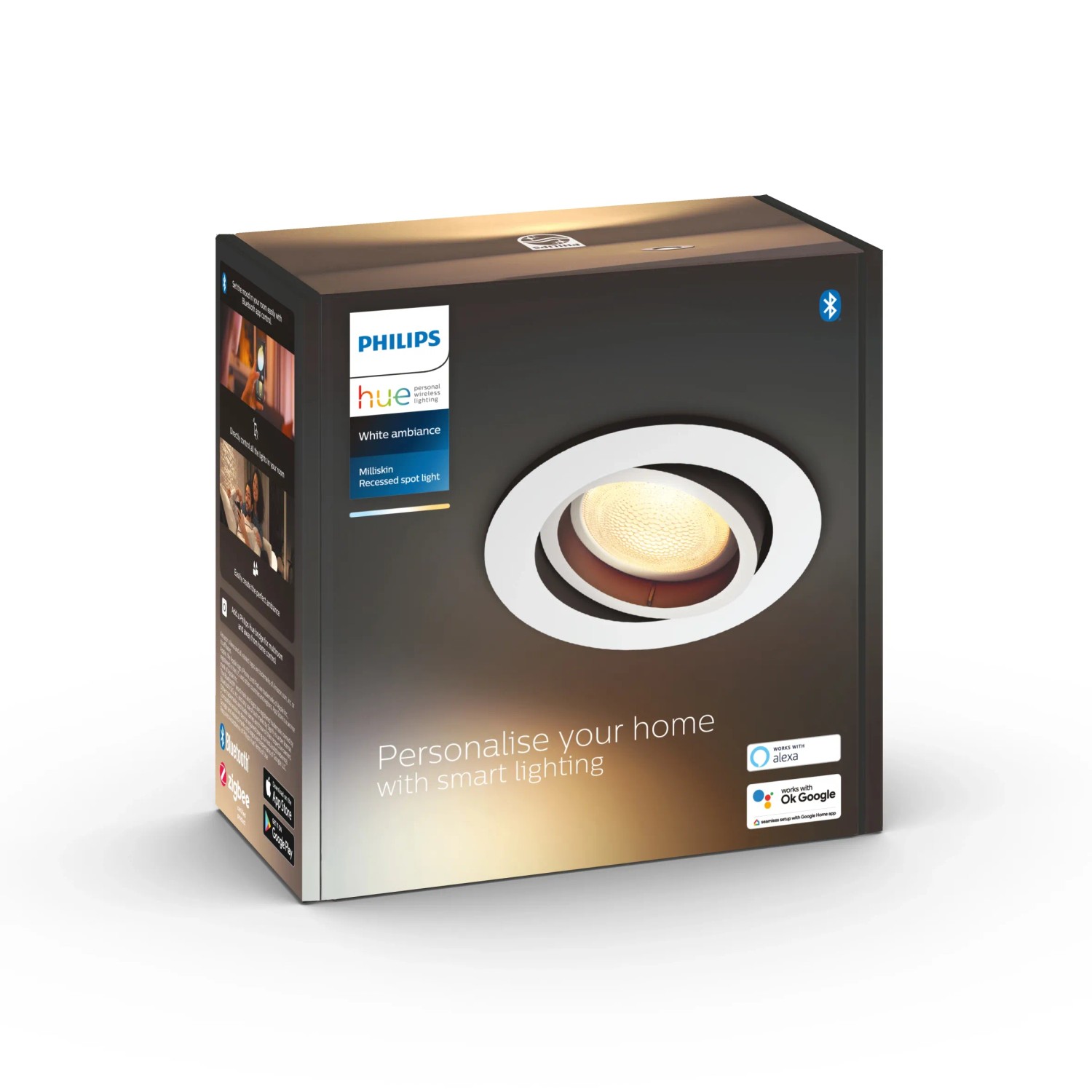 Verpackung des runden, weißen Philips Hue LED-Einbauspots Milliskin White Ambiance.