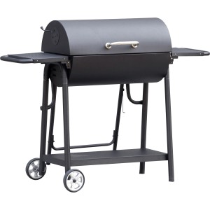Schwarzer Holzkohlegrill Banff mit Ablageflächen und Rädern.