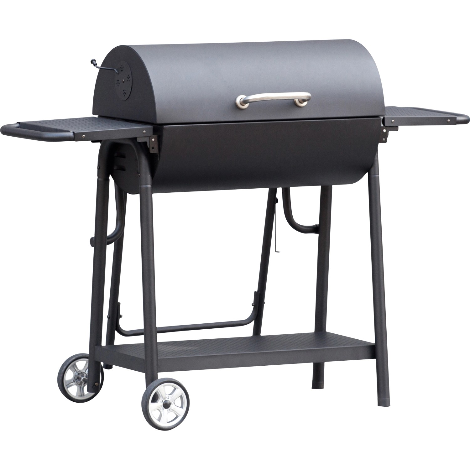 Schwarzer Holzkohlegrill Banff mit Ablageflächen und Rädern.
