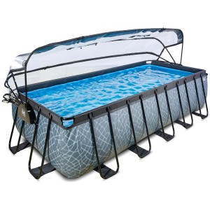 Rechteckiger EXIT Stone Pool in Grau mit Abdeckung und Sandfilterpumpe, 540x250x122cm.