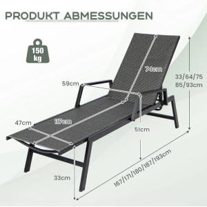 Costway Sonnenliege Rattan mit Armlehnen 150 kg Belastbar