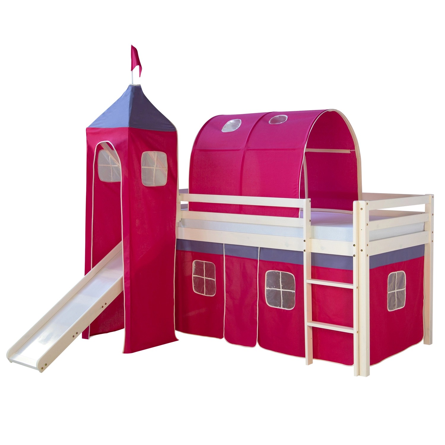 Homestyle4u Hochbett 90x200 Weiß mit Rutsche Vorhang Pink  539 günstig online kaufen