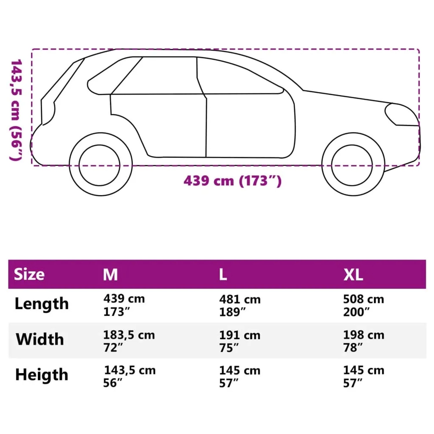 Größenangaben Autoabdeckung für SUV, Größe M: Länge 439cm, Breite 183,5cm, Höhe 143,5cm.
