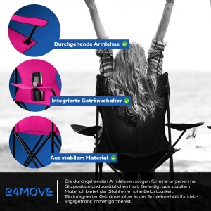 Pinker 24Move Campingstuhl mit Getränkehalter und Tragetasche für Outdoor-Aktivitäten.