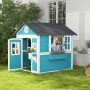 Outsunny Kinderspielhaus aus Holz in Blau/Weiß/Grau mit Fenster und Blumenkästen, Mädchen schaut aus dem Fenster.