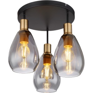 Moderne, 3-flammige Globo Deckenleuchte Fanni in Schwarz matt mit rauchfarbenen Glasschirmen.