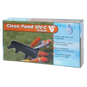 Verpackung des Velda Clean Pond UV-C Teichklärers 18 Watt mit schwarzem Filter und Koi-Fischen für klares Wasser.