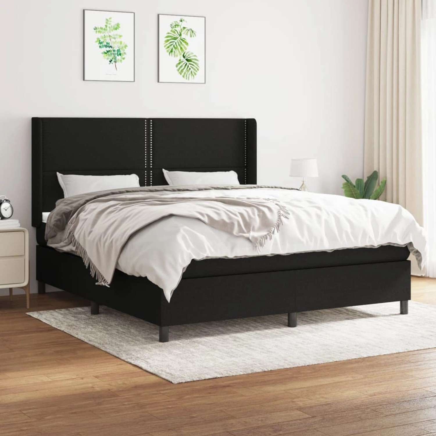 Schwarzes vidaXL Boxspringbett (160x200 cm) mit Matratze und Stoffbezug.