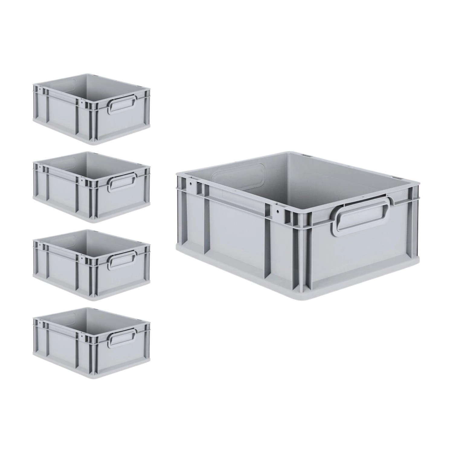 PROREGAL SuperSparSet: 5 graue Euroboxen mit blauem Scharnierdeckel, 16 Liter, für Lagerung und Transport.