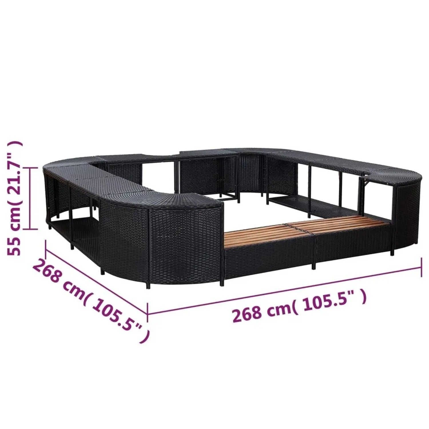 Quadratische, schwarze Whirlpool-Umrandung aus Poly Rattan mit Holzstufen. Zubehör für Pools.