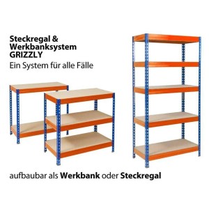 Blau-oranges Schwerlastregal/Weitspannregal mit vier Böden, Traglast bis 1200 kg.
