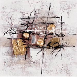Abstraktes Leinwandbild 40x40 cm mit goldenen Elementen, Schwarz und Weiß. Texturierte Oberfläche, dynamische Linien. Moderne Deko.