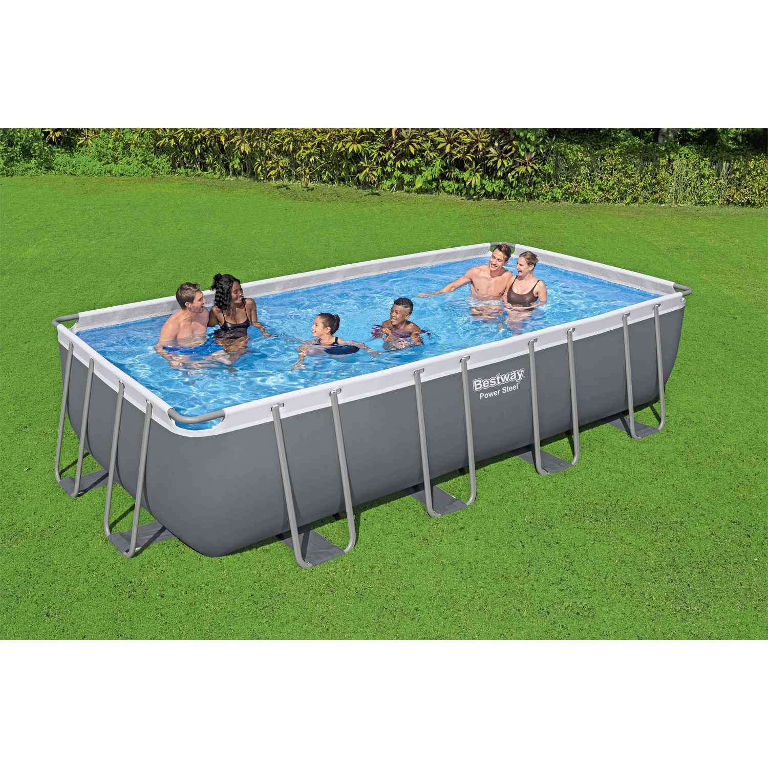 Bestway Stahlrahmenpool-Set PowerSteel mit Familie im Garten.