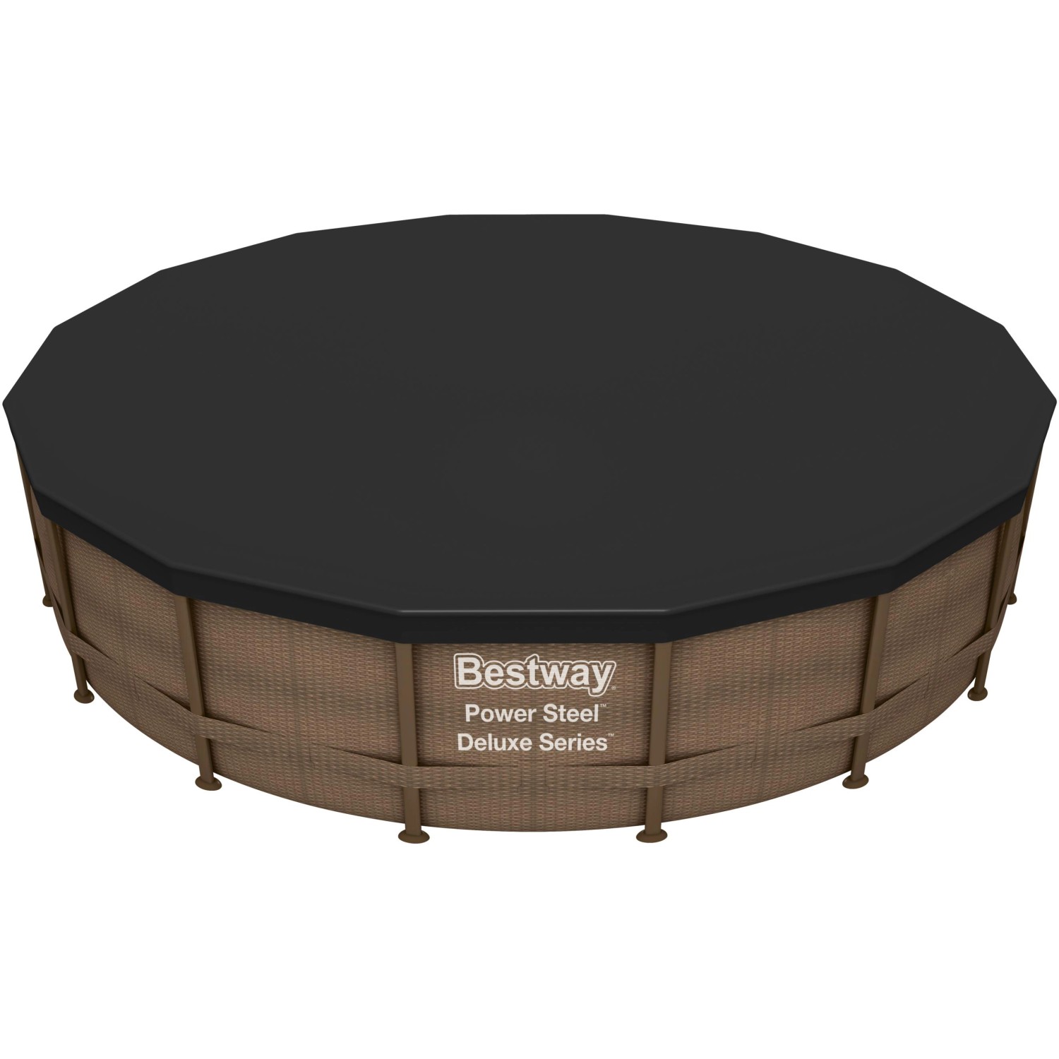 Schwarze, runde Bestway PVC-Abdeckplane für Pools bis Ø 488 cm. Poolabdeckung mit Befestigungsseilen.