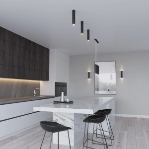 Schwarze Sollux Lighting Hängeleuchte Lagos 3L im modernen Küchenambiente.