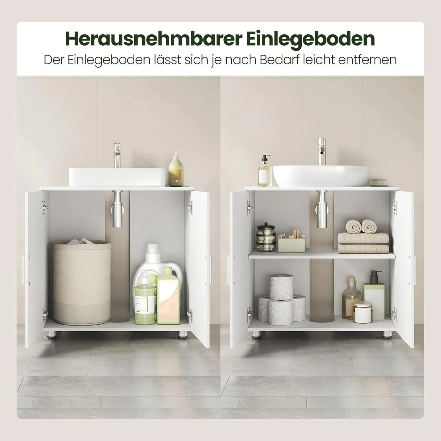 Weißer EUGAD Waschbeckenunterschrank im Landhausstil, zeigt flexiblen Stauraum mit/ohne Einlegeboden.