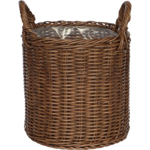 Brauner Polyrattan Korb mit Griffen, 27,5x27,5x31,5 cm, ideal als Übertopf für Innen und Außen.