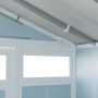 Detailansicht des Grosfillex Kunststoff-Gartenhauses Utility 11 in Graublau, Fokus auf Dachkonstruktion und Fenster.
