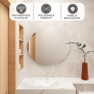 Asymmetrischer, runder Albatros Spiegel (53x50cm) im modernen Badezimmer.