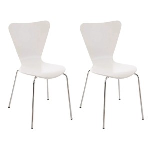 Zwei weiße CLP Calisto Konferenzstühle mit ergonomischer Holzschale und verchromtem Metallgestell.
