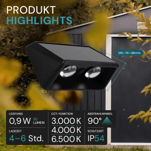 Schwarze LUXULA Solar Wandleuchte mit 2 LED-Lampen, CCT-Funktion und IP54 Wetterschutz für Garten und Terrasse.