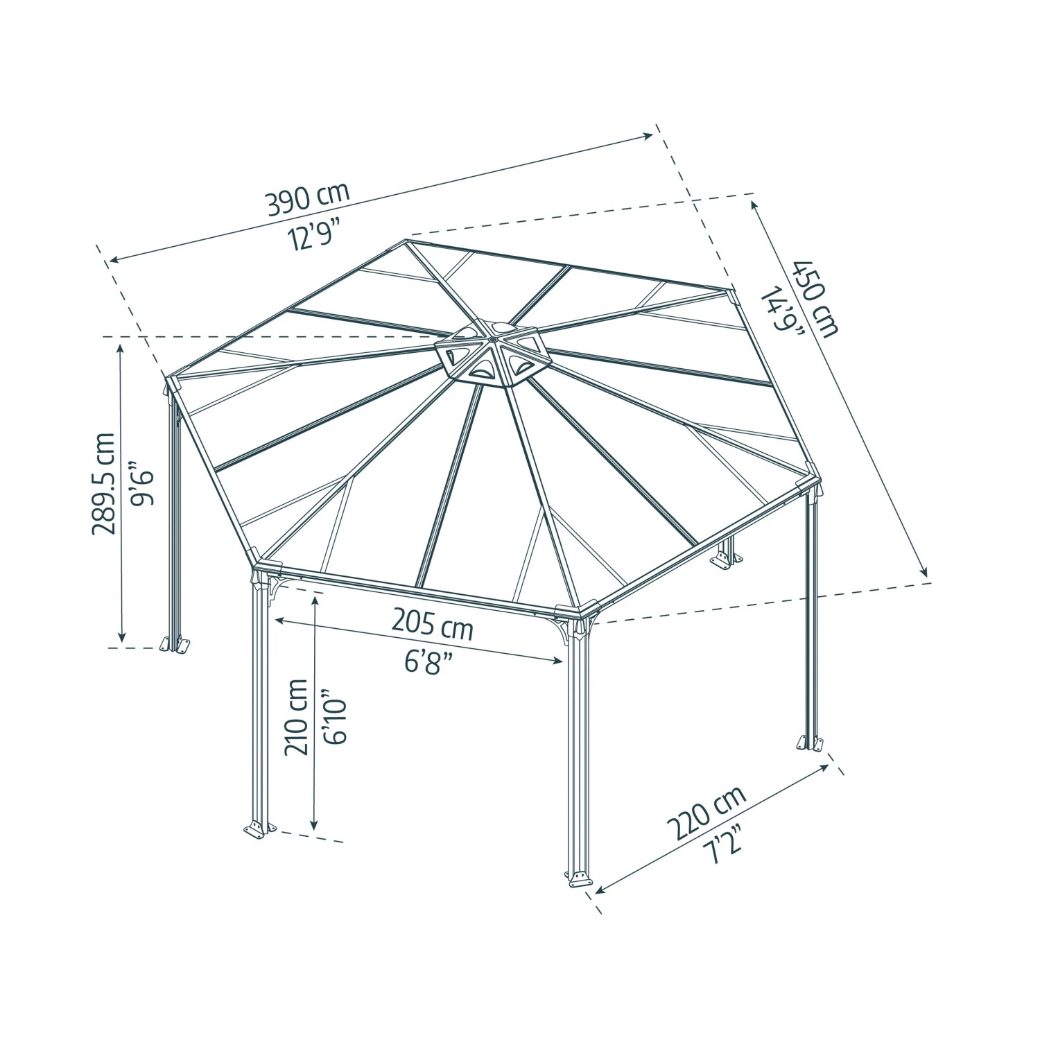Skizze des anthrazitfarbenen Canopia Gartenpavillons Monaco 3.9 x 4.5 mit Maßangaben.