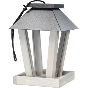 Graues Vogelhaus mit Schiebedach aus Metall und Kiefernholz zum Aufhängen.