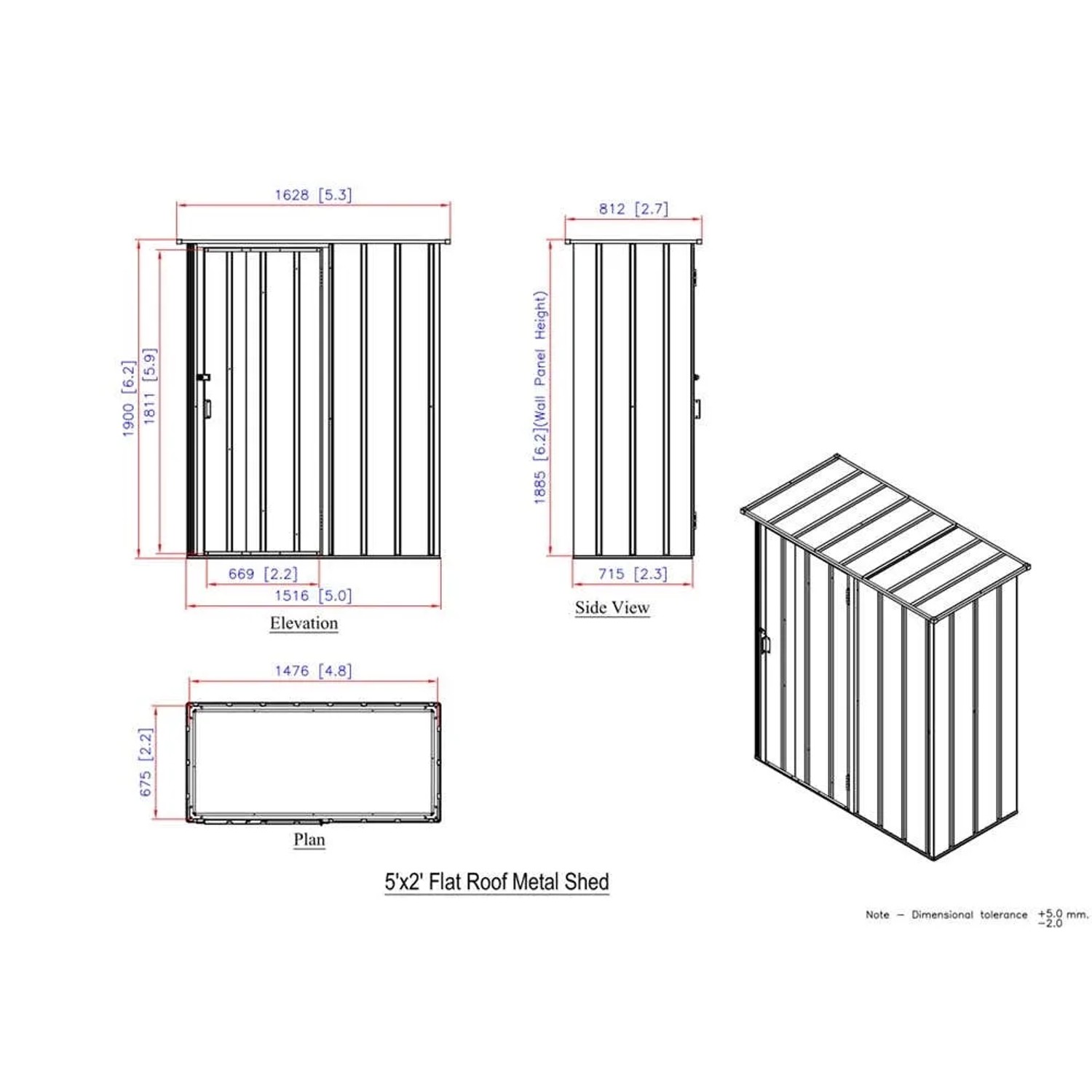 Technische Zeichnung Duramax Metall-Gerätehaus Easy 1,5x0,6m, Anthrazit, Gerätehaus mit Maßen.