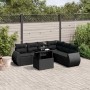 Schwarze 7-tlg. vidaXL Garten-Sofagarnitur aus Poly Rattan mit Tisch und Kissen.