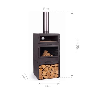 Schwarzer CookKing Terrassenofen Vento Plus mit Pizzaofen und Holzlager.