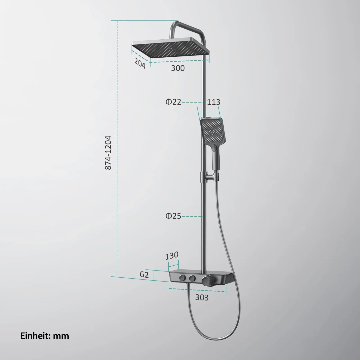Emke Duschsystem mit Thermostat, Hand- und Kopfbrause, Wasserfall-Auslauf, anthrazit matt, mit Maßangaben.
