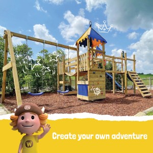 Wickey Spielturm Smart Queen mit Rutsche und Schaukel für Kinder im Garten.