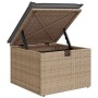 Beige Poly Rattan Gartenmöbel: Fußhocker mit Stauraum und grauem Kissen geöffnet.