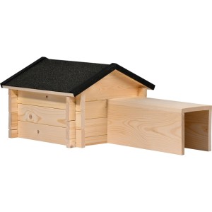 Dobar Igelhaus Tartu aus hellem Holz mit schwarzem Dach und langem Eingang. Sicherer Unterschlupf für Igel.