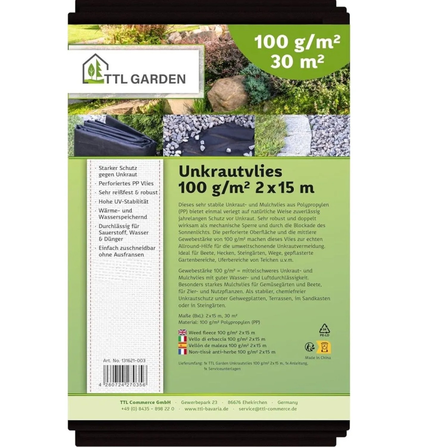TTL GARDEN Unkrautvlies 100g/m² 2x15m (30m²) Schwarz Gartenvlies Mulchvlies UV-stabil wasserdurchlässig für Beet Wege & Terrasse
