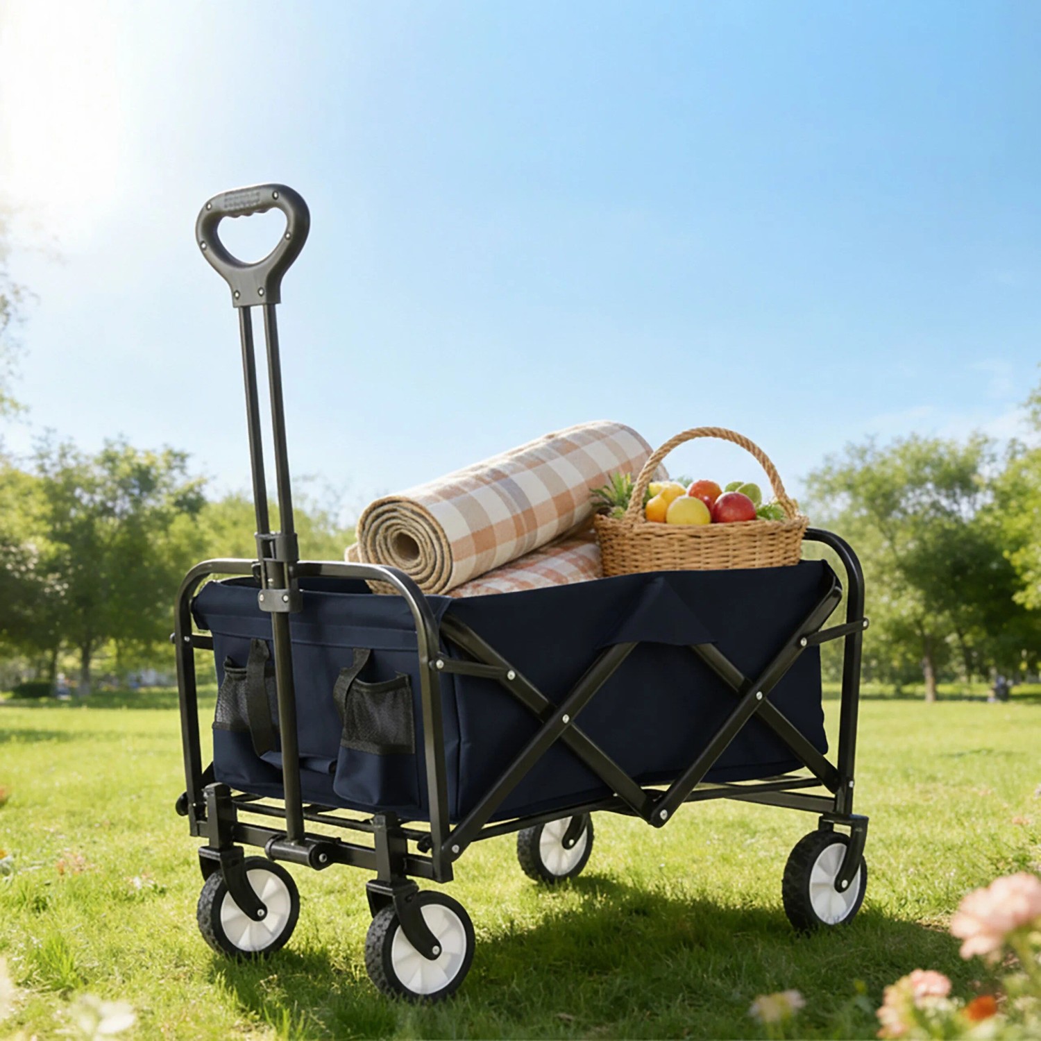 Relaxdays Bollerwagen Stahl Blau Faltbar Höhenverstellbar 64 cm x 50 cm x 72 cm 6,5 kg_2
