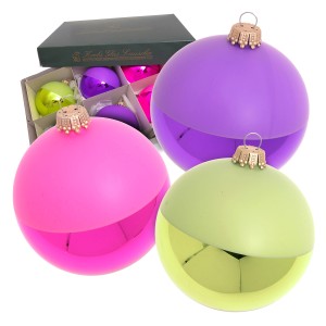 6-tlg. Set Krebs Glas Lauscha Weihnachtskugeln (8cm) in Pink, Grün und Violett, halbglänzend, halb matt.