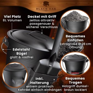 BLACK OAK Ascheeimer LANIN mit Deckel, Schaufel und Besen. Metall Aschebehälter für Kamin & Ofen Zubehör.