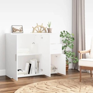 Weißes vidaXL Sideboard aus Holzwerkstoff mit Türen, Schubladen und offenen Fächern für Stauraum im Wohnzimmer.